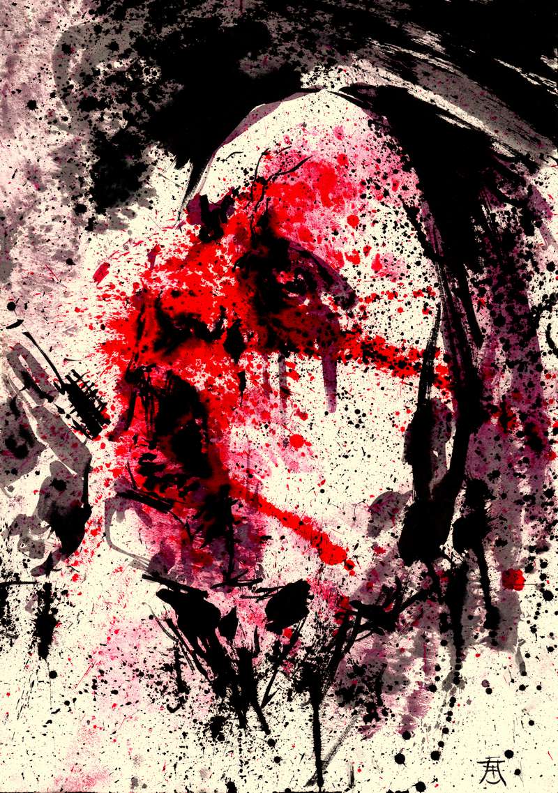 Bloody stage performance visage Extreme music face texture design by Den Unge Herr Holm with heavy red paint splatters and dark emotional lines.