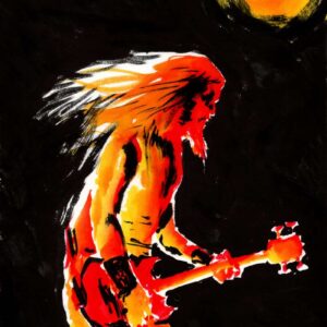 Heavy rock musician stage view by Den Unge Herr Holm featuring a bassist with long bright hair under a yellow moon light.