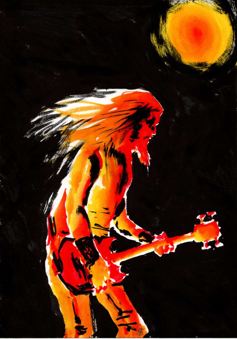 Heavy rock musician stage view by Den Unge Herr Holm Heavy rock musician stage view by Den Unge Herr Holm featuring a bassist with long bright hair under a yellow moon light.