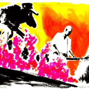 Alternative rock band stage scenery by Den Unge Herr Holm featuring a guitarist and vibrant pink floral decor highlights.
