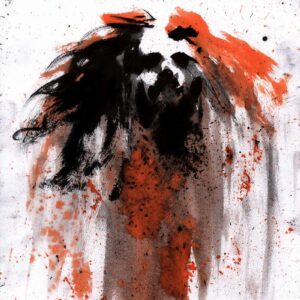 Occult black metal entity profile by Den Unge Herr Holm featuring dark texturized figures with orange paint drops.