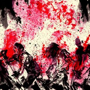 Extreme metal band gig display by Den Unge Herr Holm featuring dark silhouettes performing under heavy red spray.