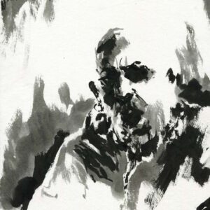 Monochrome heavy metal art drawing featuring a close up portrait of an extreme vocalist screaming during an intense live concert.