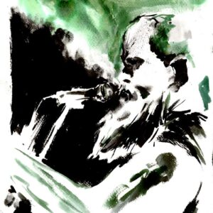 Sludge metal band performance image by Den Unge Herr Holm featuring a bearded vocalist singing under textured green lights.