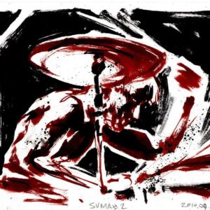 Doom metal band drummer view by Den Unge Herr Holm featuring a muscular musician hitting cymbals with dark red brushstrokes.