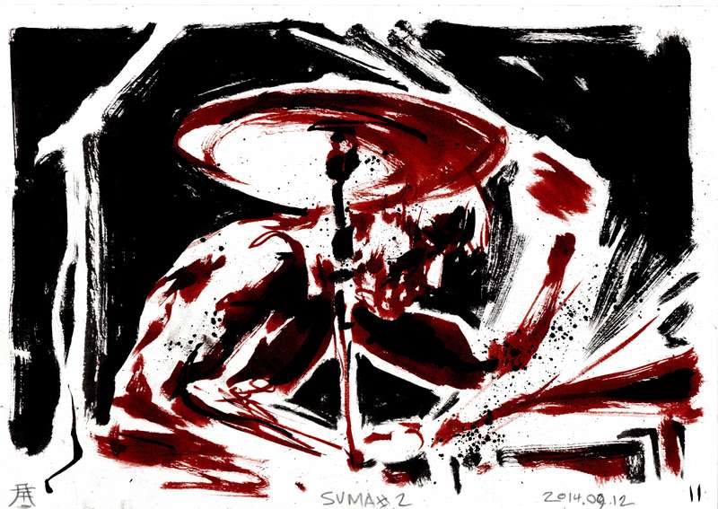 Doom metal band drummer view by Den Unge Herr Holm Doom metal band drummer view by Den Unge Herr Holm featuring a muscular musician hitting cymbals with dark red brushstrokes.