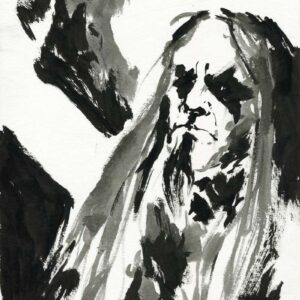 Monochrome heavy metal art drawing showing a long haired musician wearing black metal corpse paint face makeup on a dark stage backdrop.