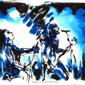 Doom metal band concert display by Den Unge Herr Holm featuring blue musician silhouettes under a heavy black ink frame.