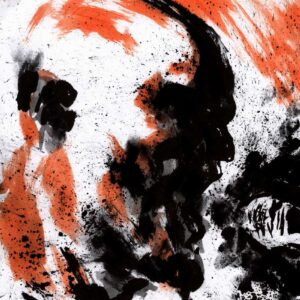 Extreme music ritual visage by Den Unge Herr Holm with aggressive orange paint splatters and dark textured shapes.