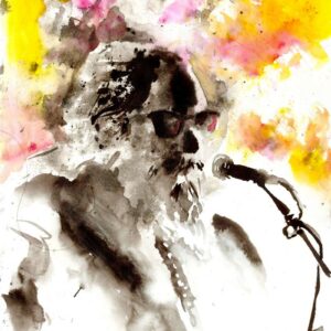 Sludge metal singer stage backdrop by Den Unge Herr Holm featuring a bearded vocalist under yellow and pink lights.