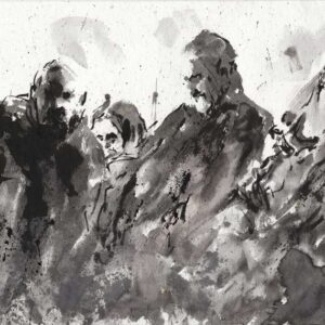 Monochrome heavy metal art drawing featuring a full band performing on a smoky stage with dark ink washes and splatters.