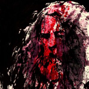 Extreme metal musician face view by Den Unge Herr Holm featuring dark messy hair and intense red splash textures.
