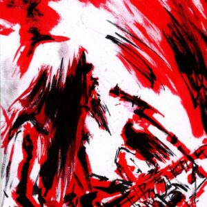 Extreme metal performance scene by Den Unge Herr Holm featuring a heavy guitarist outline under vibrant red brushstrokes.