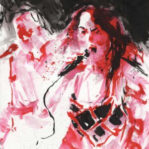 Vibrant heavy metal art drawing featuring a female vocalist singing into a microphone with aggressive red and black brushstrokes.