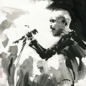 Monochrome heavy metal art drawing showing a profile portrait of a bearded vocalist holding a microphone stand amid grey ink washes.