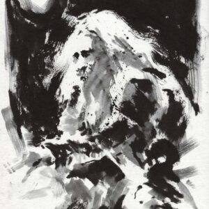 Monochrome heavy metal art drawing featuring a long haired guitarist with white negative space hair under a dark moon like spotlight.