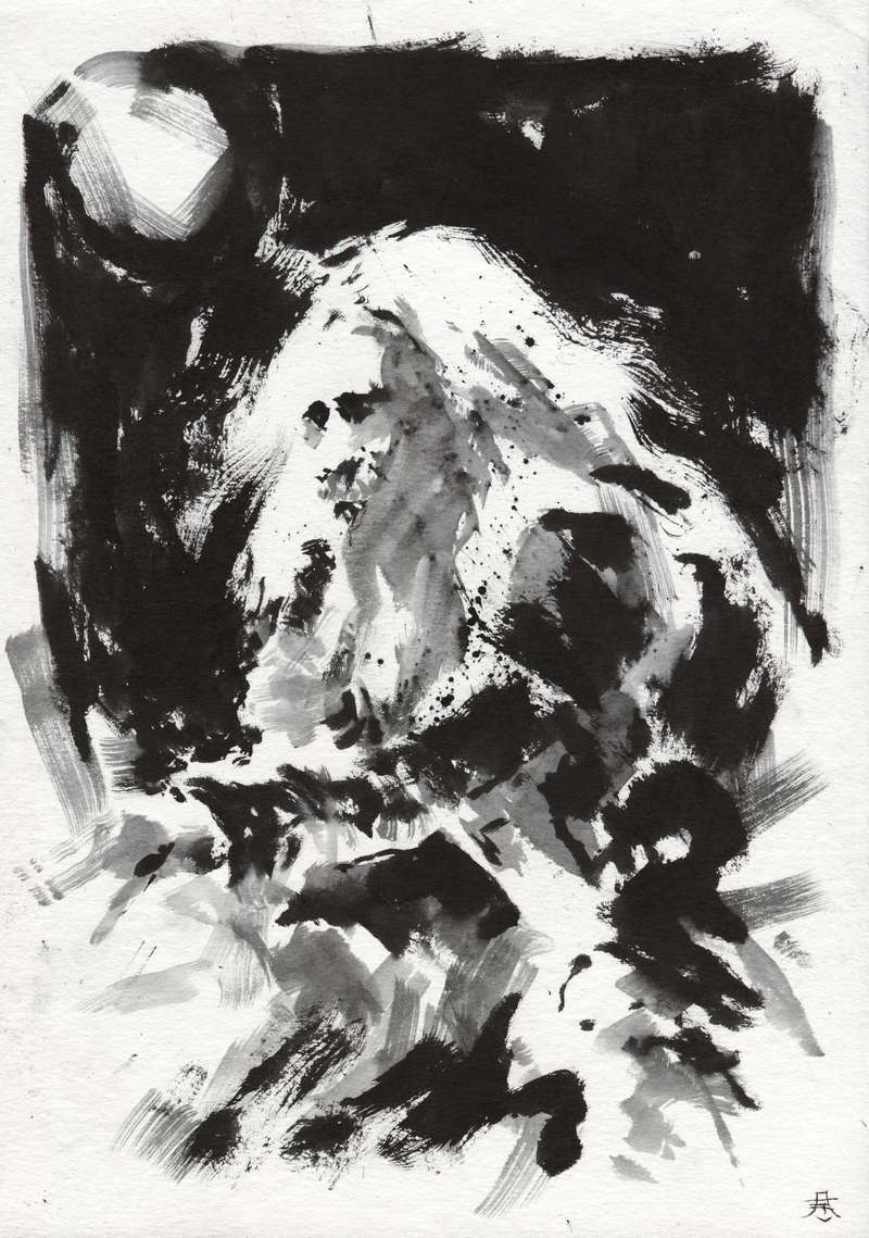 Atmospheric occult metal musician stage wall artwork Monochrome heavy metal art drawing featuring a long haired guitarist with white negative space hair under a dark moon like spotlight.