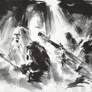 Monochrome heavy metal art drawing featuring a full band with a screaming vocalist and guitarists performing live under stage lights.