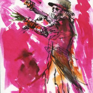 Colorful heavy metal art drawing featuring a bearded vocalist with a hat and trench coat performing against a bright pink background.