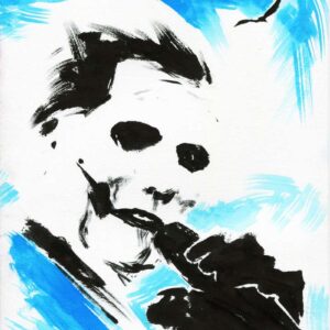 Black ink painting of a sinister masked figure with a textured blue background and a flying bird silhouette by artist Kim Diaz Holm.