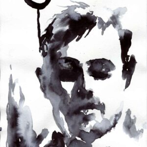 Monochrome heavy metal art drawing featuring an abstract ink wash portrait of a musician with sunglasses and a small circular symbol.