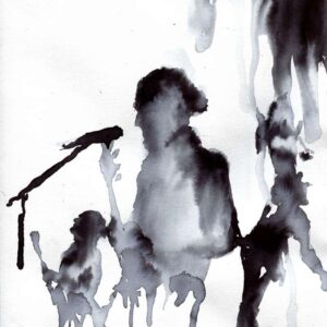 Monochrome heavy metal art drawing featuring a minimalist bleeding ink silhouette of a vocalist performing with a microphone.