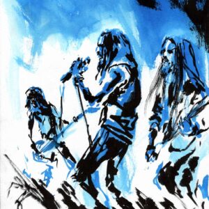 Vibrant heavy metal art drawing featuring a three piece band performing live with long haired musicians against a bright blue background.