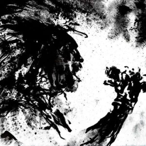 Monochrome heavy metal art drawing featuring a side profile portrait of a long haired bearded singer roaring into a microphone stand.