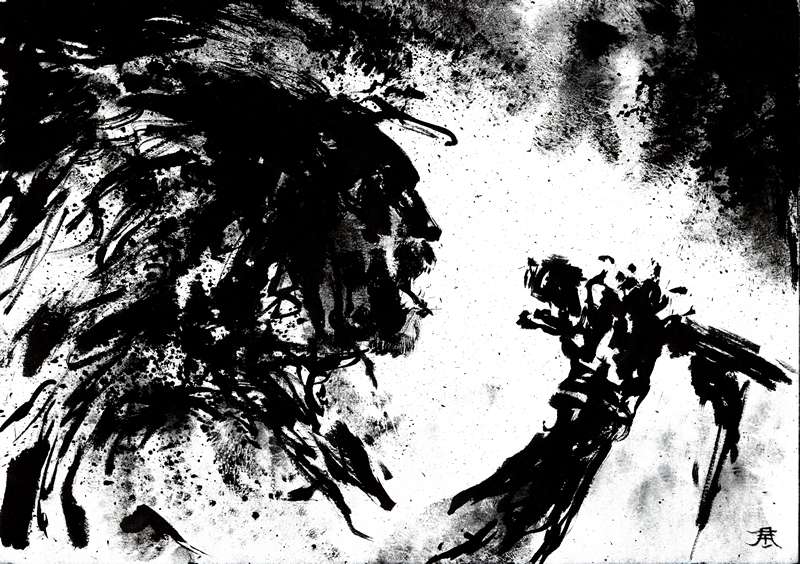 Horizontal thrash metal vocalist profile stage illustration Monochrome heavy metal art drawing featuring a side profile portrait of a long haired bearded singer roaring into a microphone stand.