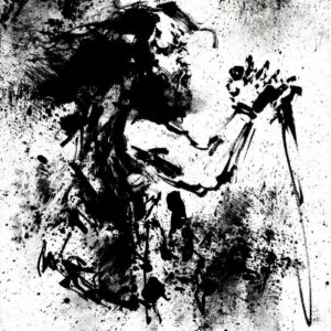 Monochrome heavy metal art drawing featuring a long haired vocalist singing aggressively amidst an explosion of black ink splatters.