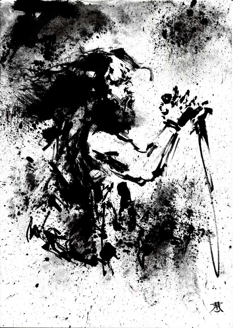 Chaotic heavy metal vocalist ink splatter stage artwork Monochrome heavy metal art drawing featuring a long haired vocalist singing aggressively amidst an explosion of black ink splatters.