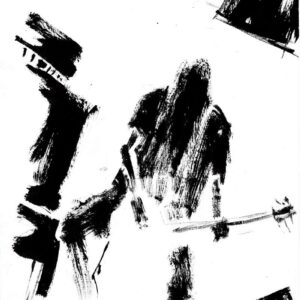 Monochrome heavy metal art drawing showing a textured black silhouette of a long haired guitarist on a minimalist white stage background.