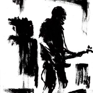 Monochrome heavy metal art drawing featuring a solid black profile silhouette of a bassist performing on a framed minimalist stage.