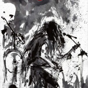 Dark heavy metal art drawing featuring a long haired guitarist under a smoky grey sky with two bright blood red moons on stage.