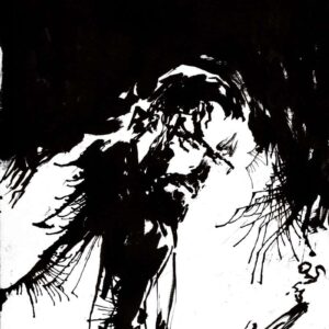 Monochrome heavy metal art drawing featuring a detailed close up portrait of a bearded guitarist looking down on a dark live stage.