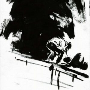 Black ink painting of a heavy metal figure by a stage barrier under a massive dark shadow by artist Kim Diaz Holm.
