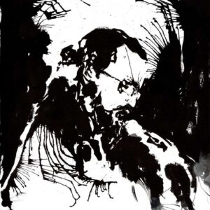 Monochrome heavy metal art drawing featuring a side profile of a bearded singer wearing glasses and performing into a microphone.