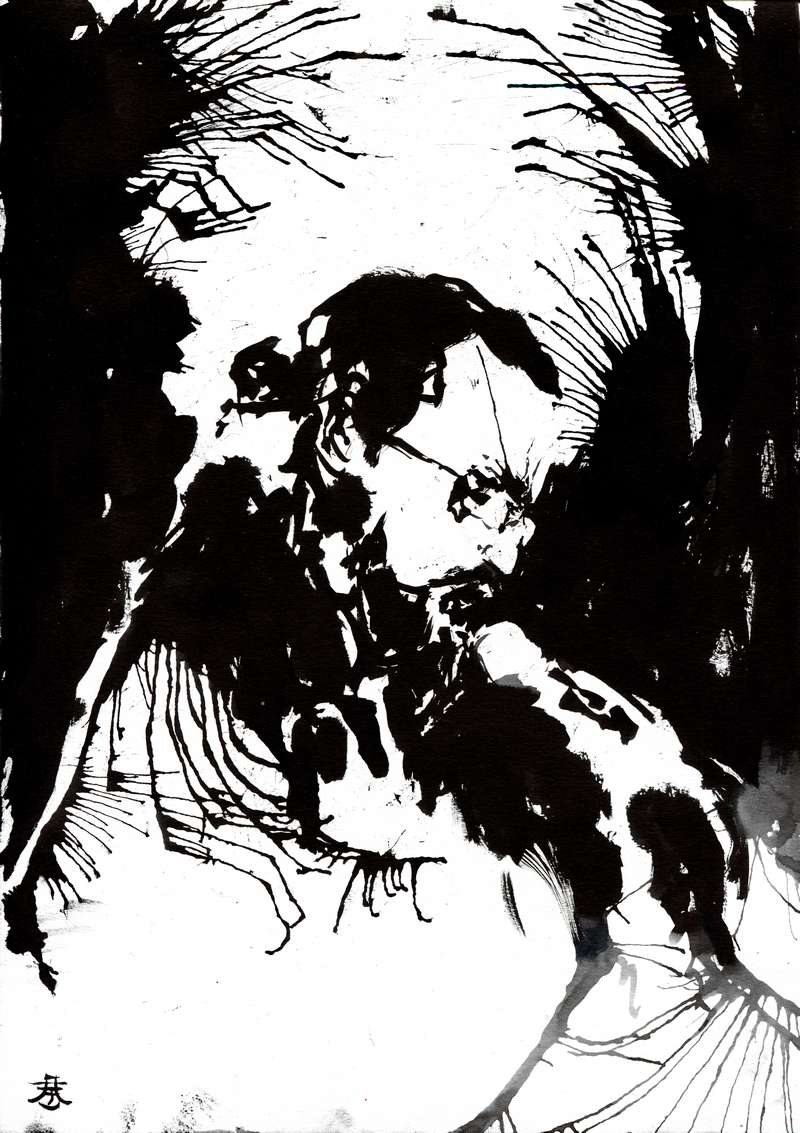 Monochrome industrial metal vocalist stage illustration Monochrome heavy metal art drawing featuring a side profile of a bearded singer wearing glasses and performing into a microphone.