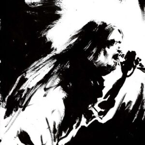 High-contrast black and white ink drawing of a metal singer screaming into a microphone in a visceral shadow-drenched style.