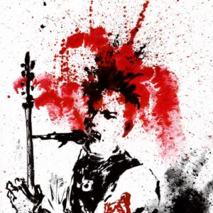Mohawk guitarist singing on stage with chaotic red paint splatters and black ink textures in an aggressive punk aesthetic.