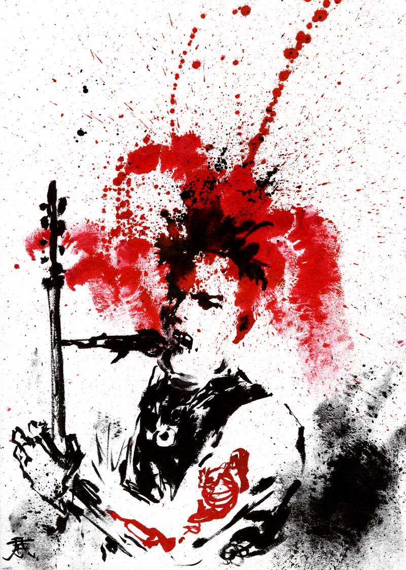 Punk rock guitarist crimson splatter illustration by Den Unge Herr Holm Mohawk guitarist singing on stage with chaotic red paint splatters and black ink textures in an aggressive punk aesthetic.