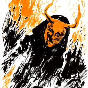 Hooded figure with orange horns emerging from fiery abstract ink paint splatters in a dark occult metal aesthetic.