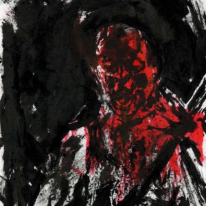 Morbid flesh red figure emerging from thick black ink splatters and chaotic paint textures in a death metal style.