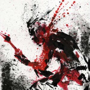 Aggressive hunched red and black demon figure with exploding paint trails in a brutal death grindcore art style.