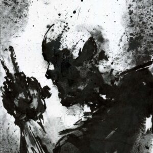 Gritty black and white ink drawing of a shadowed figure raising a middle finger with chaotic paint splatters in a punk rock style.