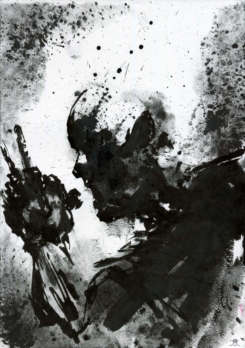 Defiant silhouette middle finger illustration by Den Unge Herr Holm Gritty black and white ink drawing of a shadowed figure raising a middle finger with chaotic paint splatters in a punk rock style.