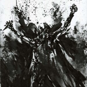 Dark cloaked figure with raised arms emerging from heavy black ink splatters in a grim doom black metal art style.