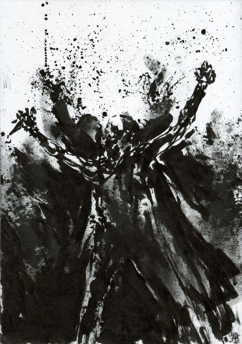 Cloaked metal vocalist ritual illustration by Den Unge Herr Holm Dark cloaked figure with raised arms emerging from heavy black ink splatters in a grim doom black metal art style.