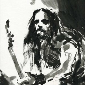 Long haired musician with black metal corpsepaint makeup holding a guitar in a dark shadowed ink art style.