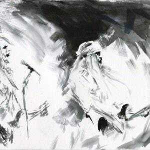 Black ink painting of an extreme metal band with a vocalist and guitarists performing live on a dark stage by artist Kim Diaz Holm.
